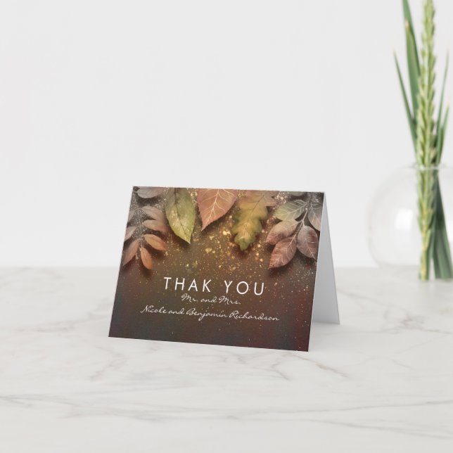 Gold Glitter Fall Leaves Vintage Wedding Thank You (Front)