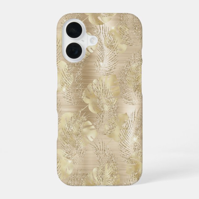 Gold Glitter Fancy Palm Leaves Pattern  iPhone 16 Case (Back)