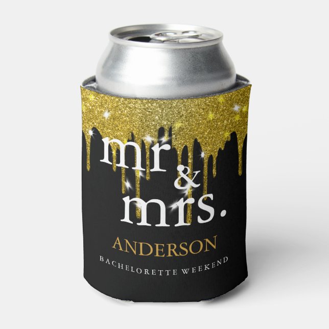 Gold Glitter Faux Foil Mr. & Mrs. Can Cooler (Can Front)