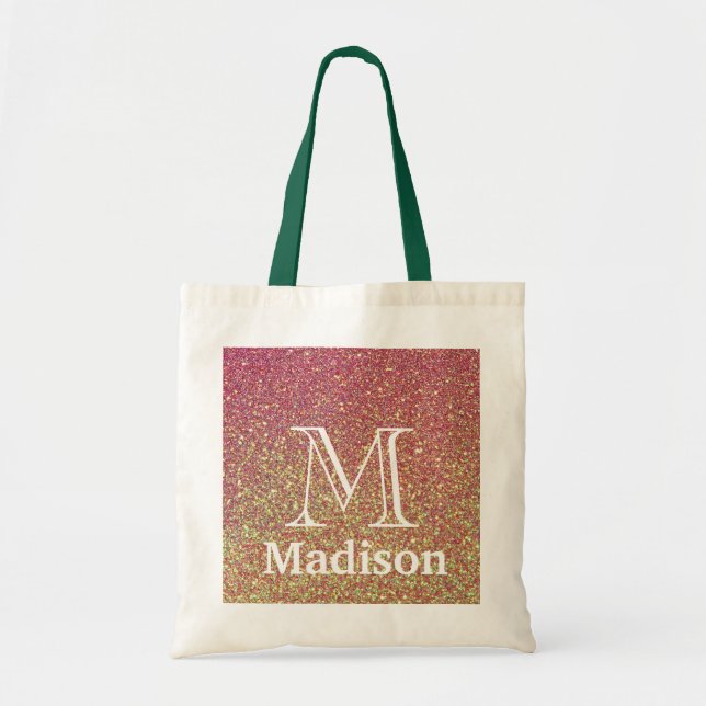 Gold glitter faux personalized monogram tote bag (Front)
