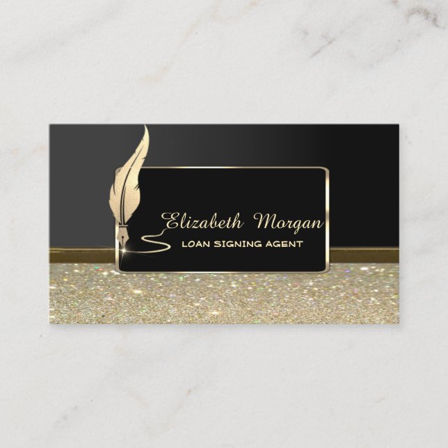Gold Glitter Feather Frame Glitter Notary Business Card (Front)