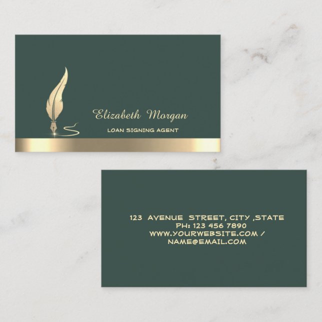 Gold Glitter Feather Stripe Notary Sage Green Business Card (Front/Back)