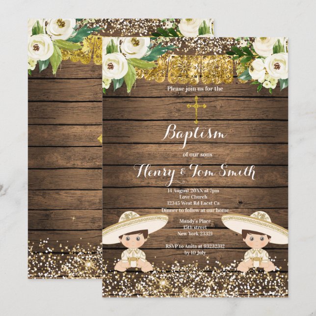 Gold Glitter Fiesta Boy Twin Baptism Christening Invitation (Front/Back)