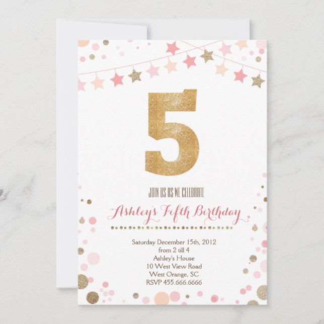 Gold Glitter Fifth Birthday Invitation (Front)