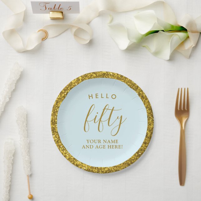 Gold Glitter Fiftieth Birthday Hello 50 Party Paper Plate (Wedding)