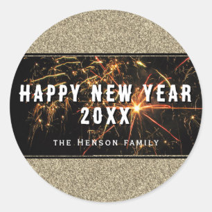 Gold Glitter Fireworks Happy New Year 2023  Classic Round Sticker