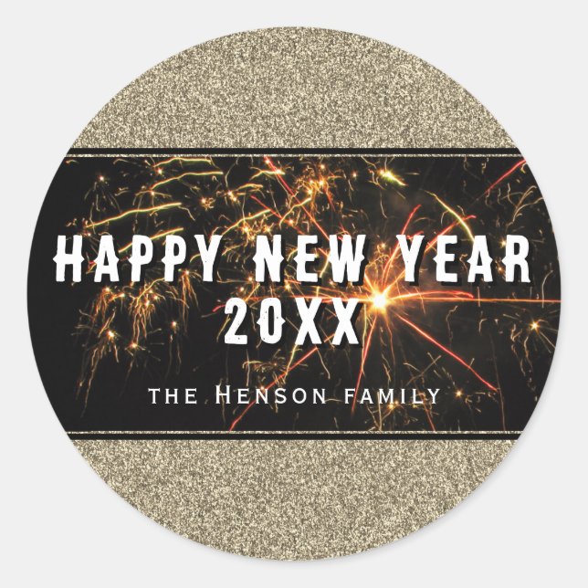 Gold Glitter Fireworks Happy New Year 2023  Classic Round Sticker (Front)