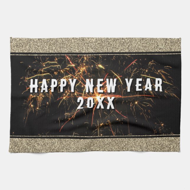 Gold Glitter Fireworks Happy New Year 2023  Kitchen Towel (Horizontal)