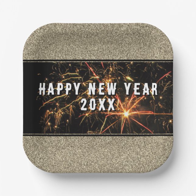 Gold Glitter Fireworks Happy New Year 2023 Party Paper Plate (Front)