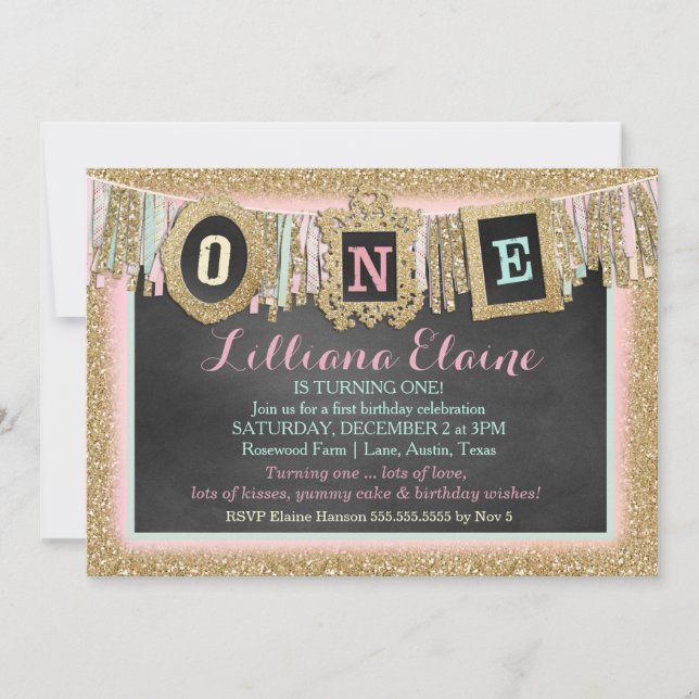 Gold Glitter First Birthday Banner Invitation (Front)