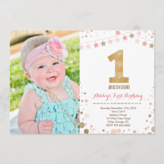 Gold Glitter First Birthday Invitation