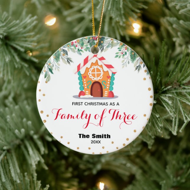 Gold Glitter First Christmas as a Family of Three Ceramic Ornament (Tree)