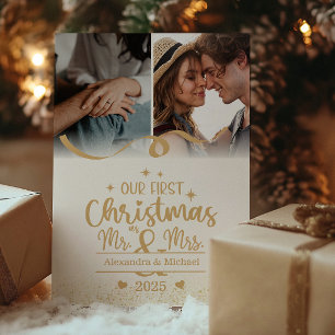 Gold Glitter First Christmas Vertical 2 Photo Holiday Card