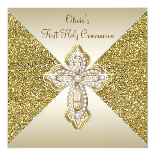 Gold Glitter First Communion Card