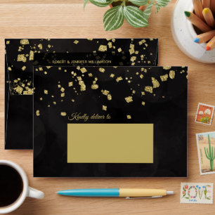 Gold Glitter Flakes on Black Envelope