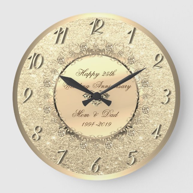 Gold Glitter  Floral 25th Wedding Anniversary Large Clock (Front)