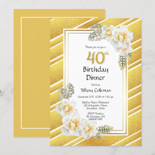 Gold Glitter Floral 40th Birthday Dinner Party Invitation