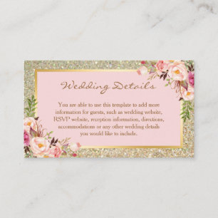 Gold Glitter Floral Both Sides Wedding Details Enclosure Card