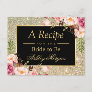 Gold Glitter Floral   Bridal Shower Recipe Card