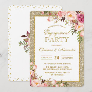 Gold Glitter Floral Engagement Party Invitation
