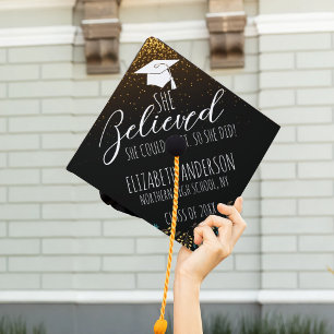 Gold Glitter Floral She Believed She Could Graduation Cap Topper