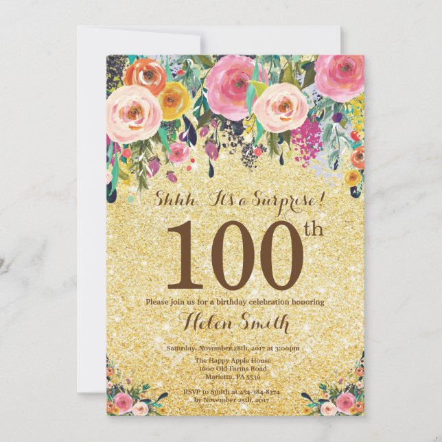 Gold Glitter Floral Surprise 100th Birthday Invitation (Front)
