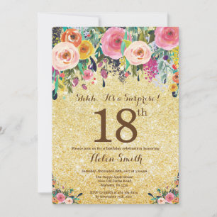 Gold Glitter Floral Surprise 18th Birthday Invitation