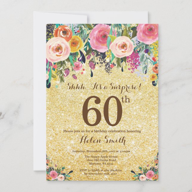 Gold Glitter Floral Surprise 60th Birthday Invitation (Front)