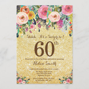 Gold Glitter Floral Surprise 60th Birthday Invitation