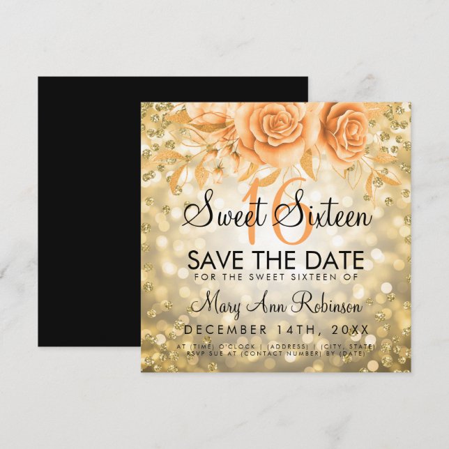 Gold Glitter Floral Sweet 16 Save The Date Invitation (Front/Back)