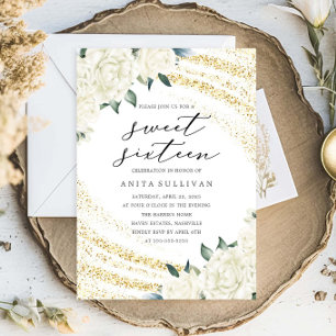 Gold Glitter Floral Sweet Sixteen 16 Birthday Invitation