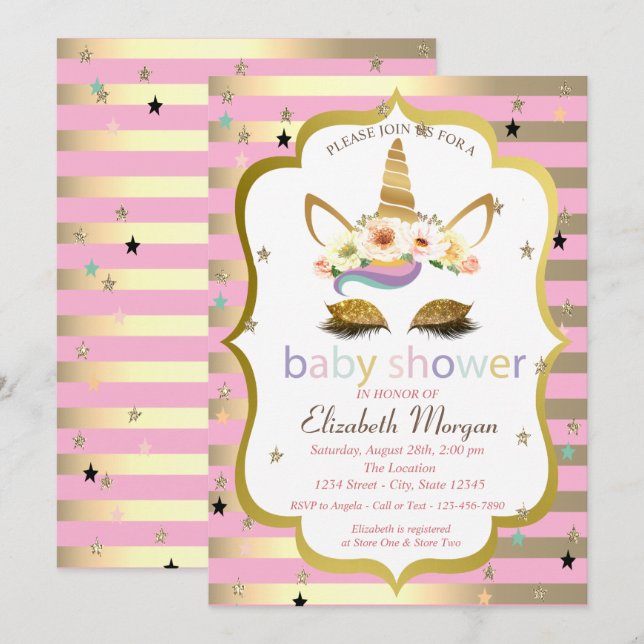 Gold Glitter Floral Unicorn,Stripe Baby Shower Invitation (Front/Back)