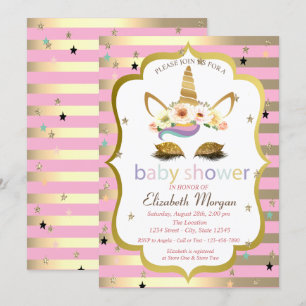 Gold Glitter Floral Unicorn,Stripe Baby Shower Invitation