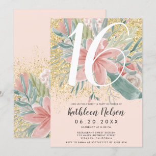 Gold Glitter floral watercolor blush sweet sixteen Invitation