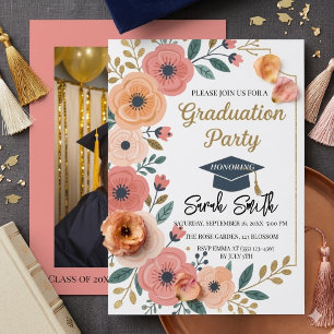 Gold glitter floral watercolor photo graduation  invitation
