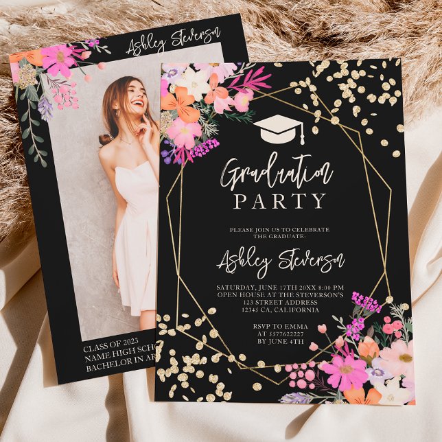 Gold glitter floral watercolor photo graduation invitation (Creator Uploaded)