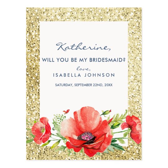 Gold Glitter Floral Will You Be My Bridesmaid? Postcard