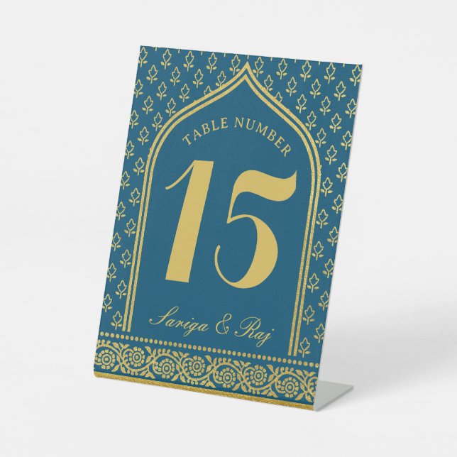 Gold Glitter Flower Wedding Table Number and Name Pedestal Sign (Front)