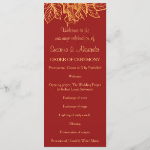 Gold Glitter Flowers and Dark Red Wedding Program