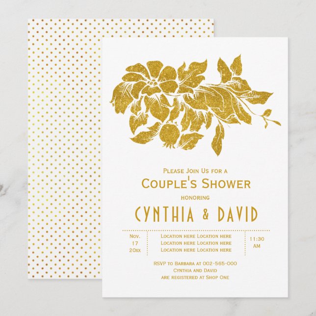Gold glitter flowers floral wedding couples shower invitation (Front/Back)