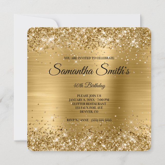 Gold Glitter Foil 40th Birthday Fancy Monogram Invitation (Front)