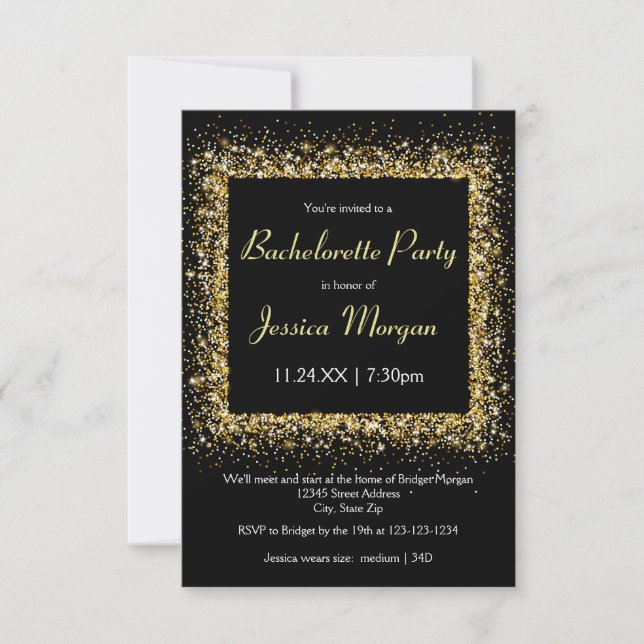 Gold Glitter Frame - 3x5 Bachelorette Party Invitation (Front)