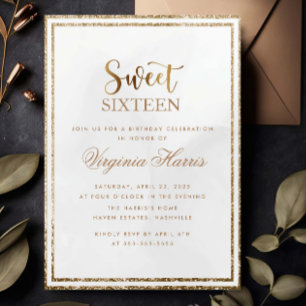 Gold Glitter Frame Cream Sweet Sixteen 16 Birthday Invitation