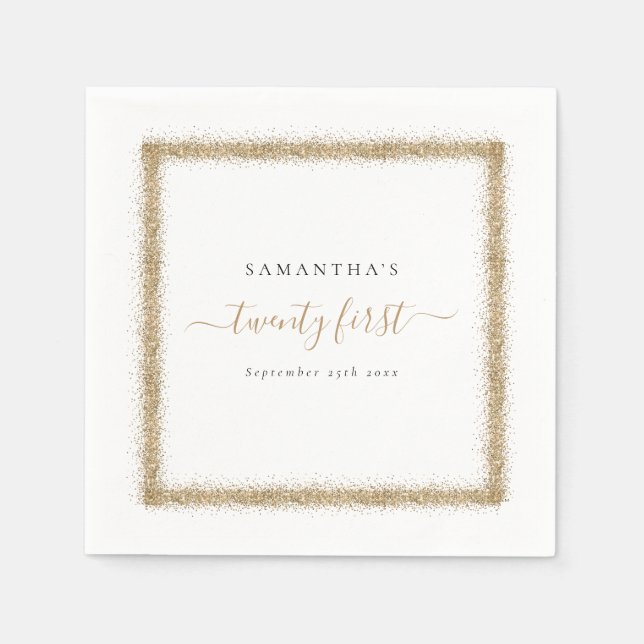 Gold Glitter Frame Name Date 21st Party Napkin (Front)