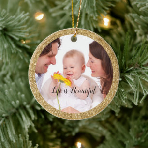 Gold Glitter Frame Personalized Photo and Quote Ceramic Ornament