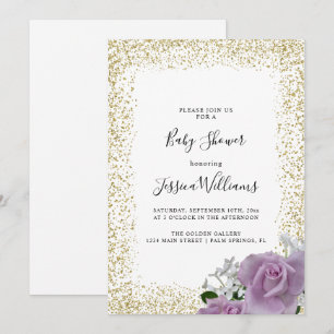Gold Glitter Framed Roses Baby Shower Party Invitation