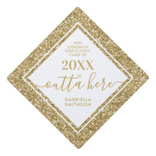 Gold Glitter Funny Outta Here Printed Graduation Cap Topper