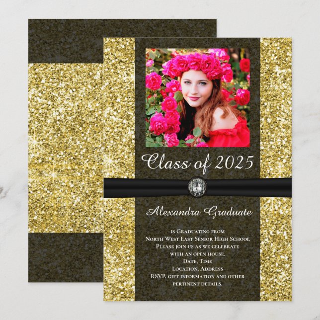Gold Glitter Gem Photo Class of 2025 Graduation Invitation (Front/Back)