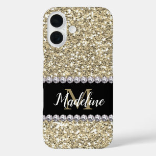 Gold Glitter Gems with Name and Mongram iPhone 16 Case