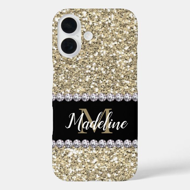 Gold Glitter Gems with Name and Mongram Case-Mate iPhone Case (Back)